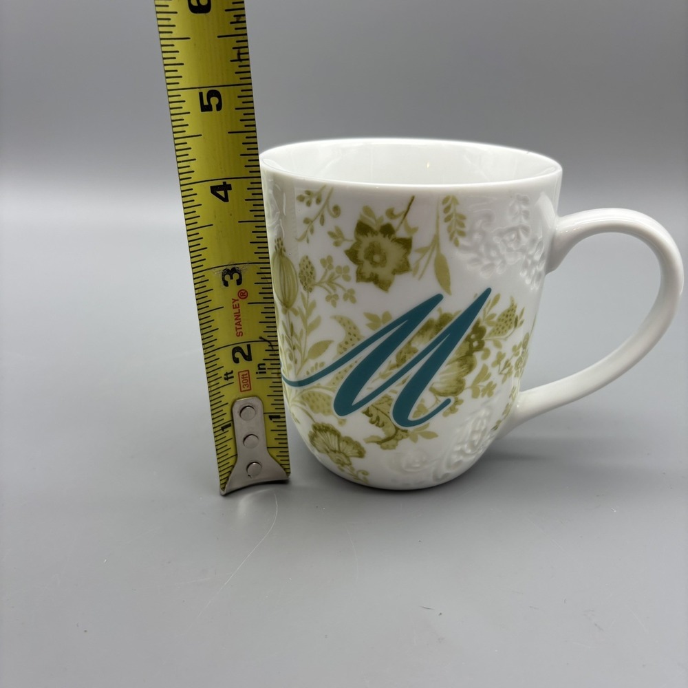Pier 1 Imports Coffee Mug Ava Floral Initial M Cup Porcelain Blue Green Textured - Picture 7 of 8